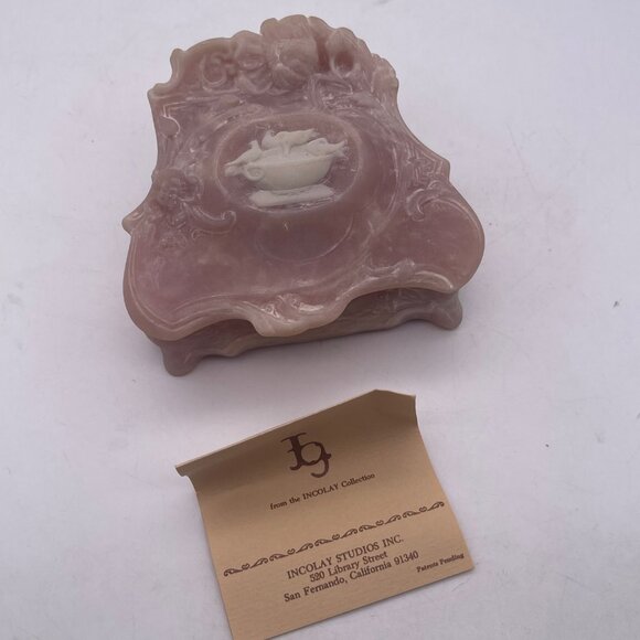 Vintage Genuine INCOLAY STONE Jewelry Trinket Box Pink Birds Bath 4.5" A9 - Picture 4 of 13